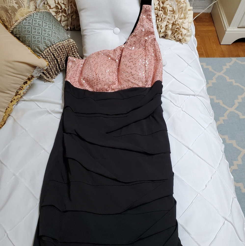 Ruby rox black And Peach Sequin one shoulder dress